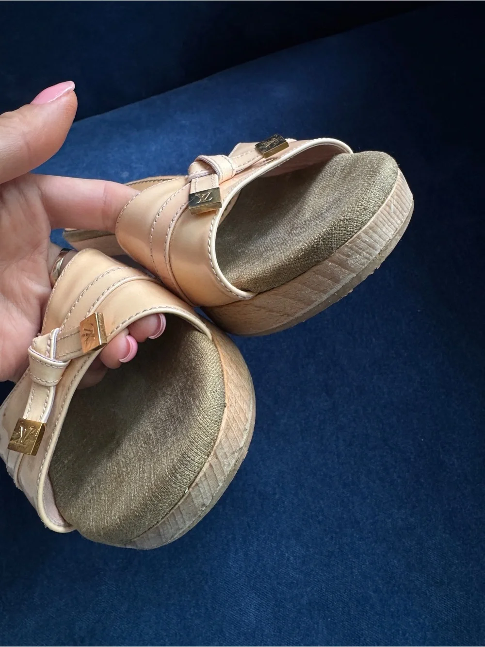Louis Vuitton Signature Logo Wooden Tan pink Patent Leather Mule Sandals Size 38